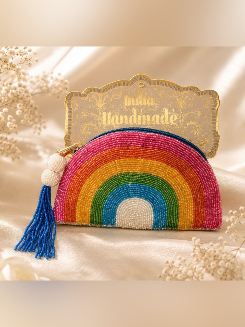 Handmade Beaded Rainbow Coin Purse Clutch India Tassel LGBTQ Pride Boho NWT